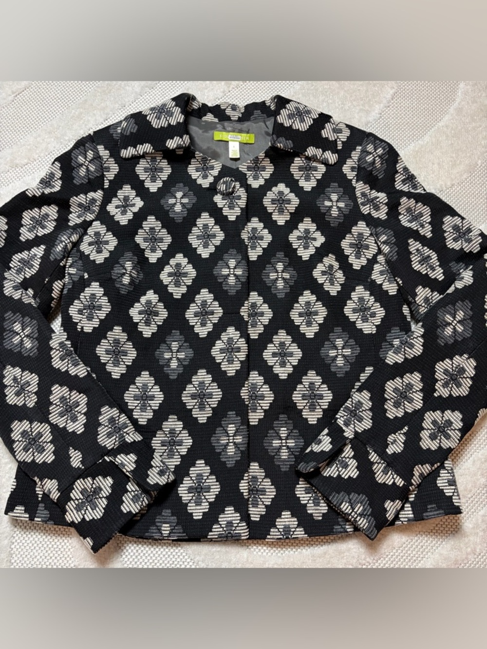 Sigrid Olsen Jacquard Diamond Flower Print Short Jacket Coat 6 Retro Boho Twee - Picture 2 of 10